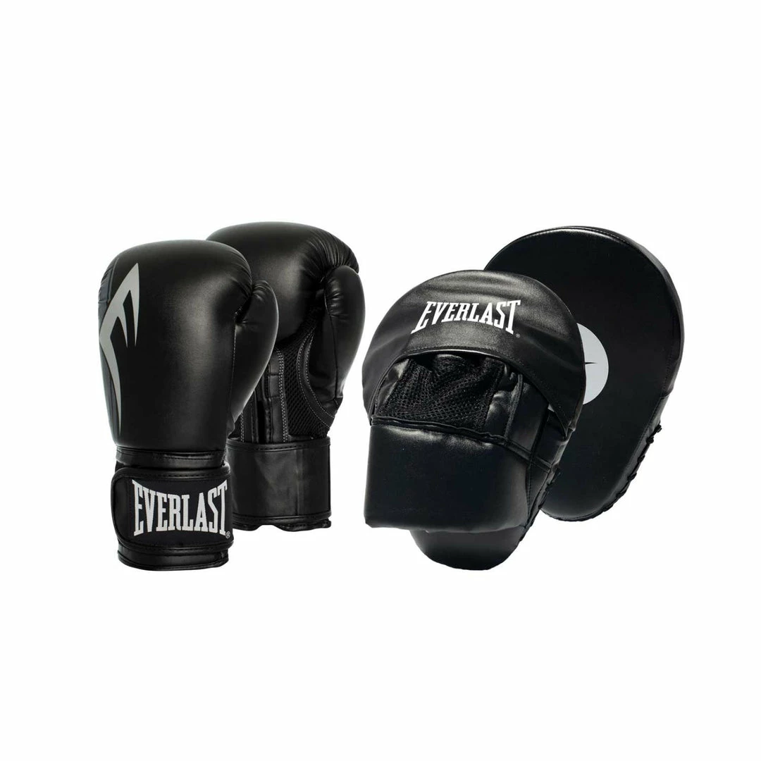 Everlast Power Boxing Gloves + Focus Pads Mitt 12oz Combo Kit - Black / Silver 3 Everlast Power Boxing Gloves + Focus Pads Mitt 12oz Combo Kit - Black / Silver
