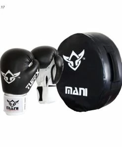 Mani BOXING / MUAY THAI / MMA Round Kick Punch Shield Large + Boxing Gloves Set Pack - Black