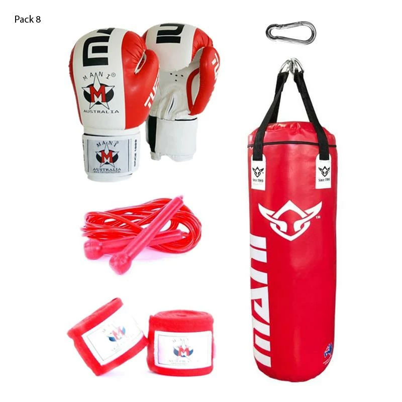 Mani 4ft Punching Bag + Boxing Gloves + Speed Rope + Hand Wraps + Snap Hook Set Pack - Red BOXING / MUAY THAI / MMA 3 Mani 4ft Punching Bag + Boxing Gloves + Speed Rope + Hand Wraps + Snap Hook Set Pack - Red BOXING / MUAY THAI / MMA