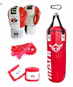 Mani 3ft Punching Bag + Boxing Gloves + Speed Rope + Hand Wraps + Snap Hook Set Pack - Red