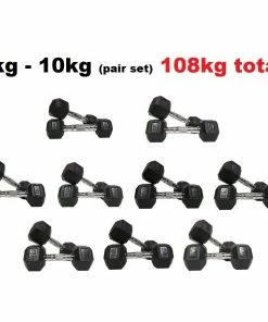 Morgan FUNCTIONAL FITNESS Rubber Hex Dumbell Weights Pack 2-10KG 180KG Set Gym Equipment Commercial Grade
