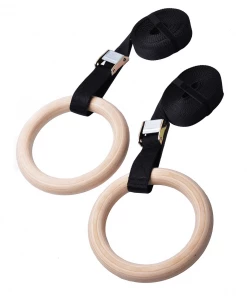 FUNCTIONAL FITNESS STRIKE Wooden Gym Rings SET With Heavy Duty Nylon Straps