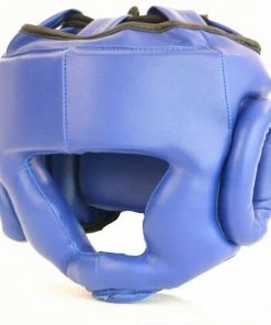 BOXING / MUAY THAI / MMA Mani Leather Full Face Ear Chin Cheek Pre-Moulded Head Guard Gear - Blue