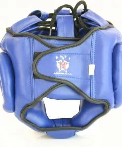 BOXING / MUAY THAI / MMA Mani Leather Full Face Ear Chin Cheek Pre-Moulded Head Guard Gear - Blue