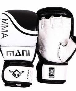 Mani MMA Leather Grappling Sparring Gloves - Black / White BOXING / MUAY THAI / MMA