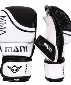 Mani MMA Leather Grappling Sparring Gloves - Black / White BOXING / MUAY THAI / MMA