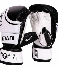 Mani MMA Leather Grappling Sparring Gloves - Black / White BOXING / MUAY THAI / MMA