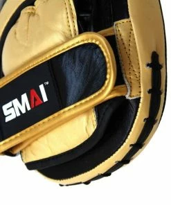 BOXING / MUAY THAI / MMA SMAI Mexican Micro Focus Mitts Pads Pair Gold And Black