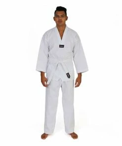 MARTIAL ARTS SMAI TKD Uniform 8oz Ribbed Student Dobok (White V-Neck) Gi + White Belt