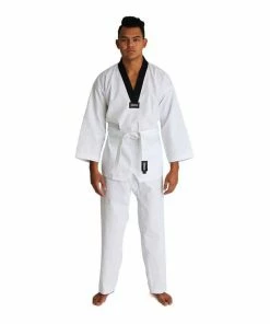 SMAI TKD Uniform 8oz Ribbed Student Dobok (Black V-Neck) Gi + White Belt MARTIAL ARTS