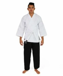 MARTIAL ARTS SMAI Karate Uniform 8oz Student Gi (Salt & Pepper) Double Stitched + White Belt