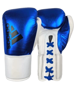 Adidas Hybrid 400 Lace Up Leather Boxing Gloves - Metallic Blue / White