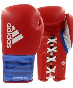 BOXING / MUAY THAI / MMA Adidas Adipower Lace Up Leather Boxing Gloves - Red Blue Silver