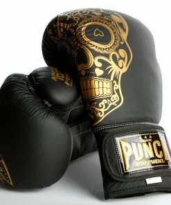 BOXING / MUAY THAI / MMA Punch Trophy Getters Gold Skull Commercial Boxing Gloves 16oz - Black / Gold