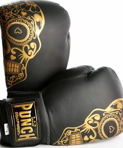 BOXING / MUAY THAI / MMA Punch Trophy Getters Gold Skull Commercial Boxing Gloves 16oz - Black / Gold