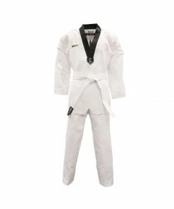 SMAI TKD Uniform 8oz Ribbed Student Dobok (Black V-Neck) Gi + White Belt MARTIAL ARTS
